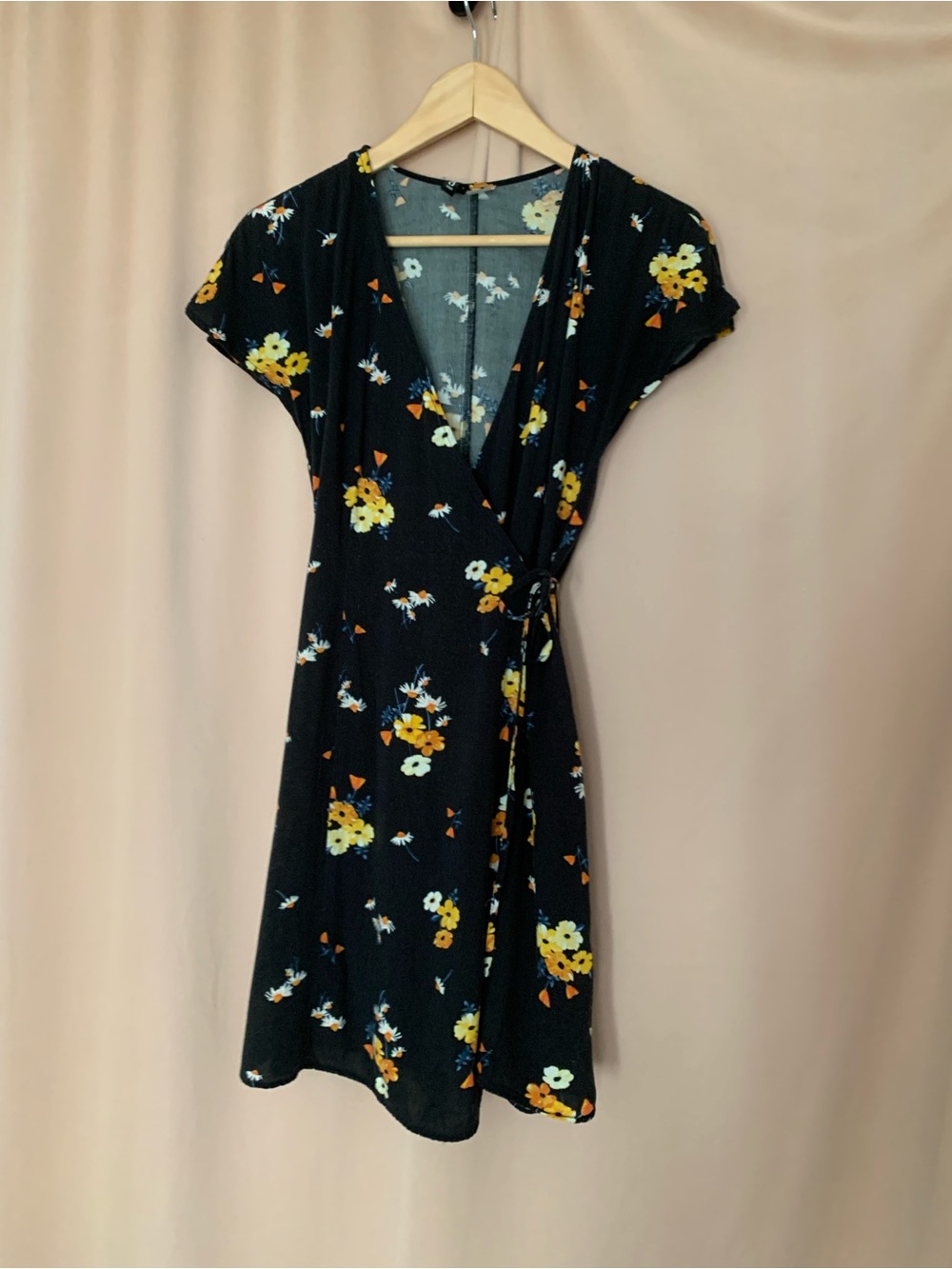 Navy Short Floral Wrap Dress - Yellow, Orange & White Blossom